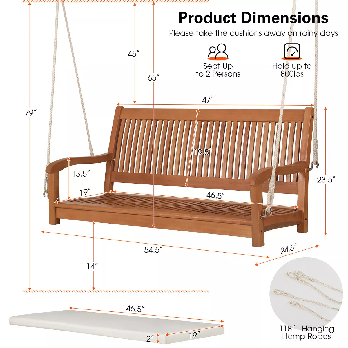 Costway 2-Person Hanging Porch Swing Wood Bench with Cushion Curved Back Outdoor Natural