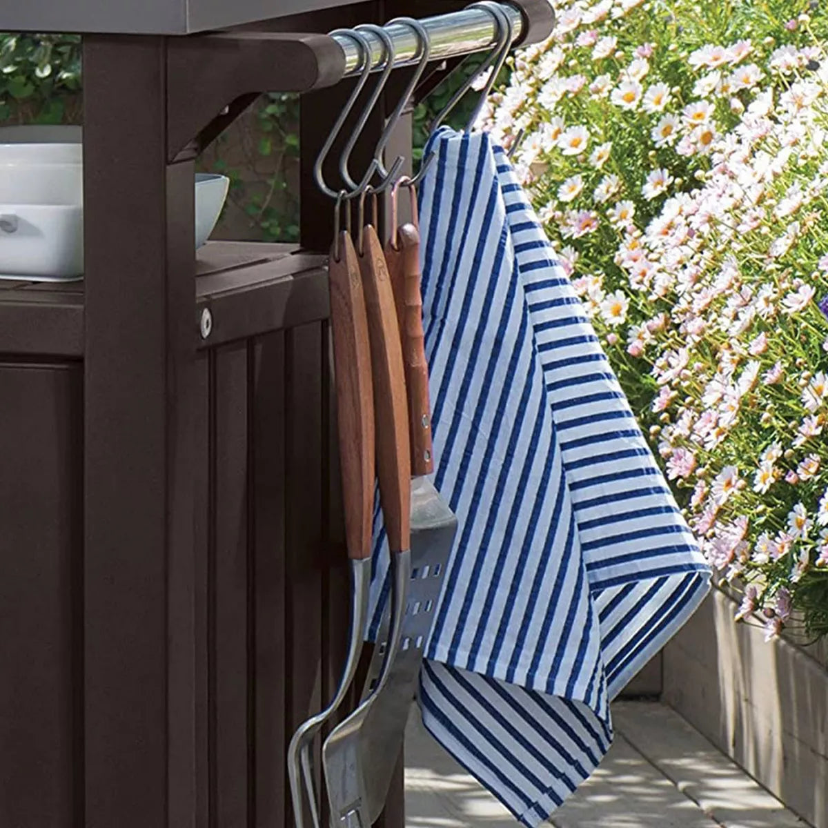 Keter Rolling Bar Cart, Outdoor Patio Furniture Table and Storage Cabinet, Serving & Grilling Bar Cart with Stainless Steel Top