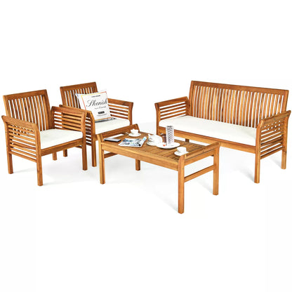 Costway 4 PCS Outdoor Acacia Wood Sofa Furniture Set Cushioned Chair Coffee Table Garden