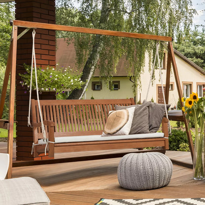 Costway 2-Person Hanging Porch Swing Wood Bench with Cushion Curved Back Outdoor Natural