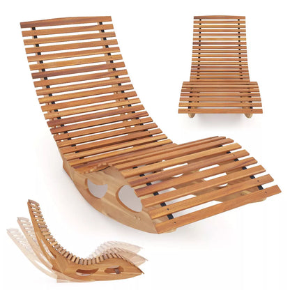 Costway Outdoor Chaise Lounge with High Back Slatted Seat Stopper outside Wood Rocker