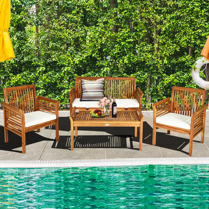 Costway 4 PCS Outdoor Acacia Wood Sofa Furniture Set Cushioned Chair Coffee Table Garden
