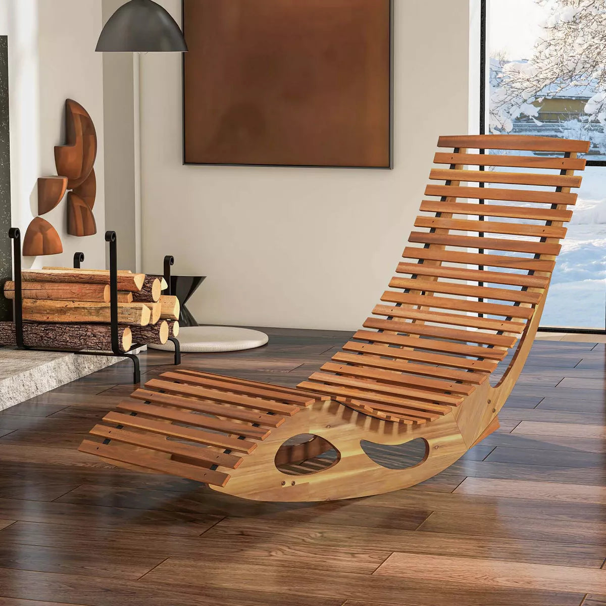 Costway Outdoor Chaise Lounge with High Back Slatted Seat Stopper outside Wood Rocker