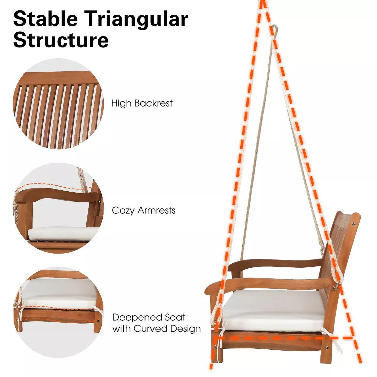 Costway 2-Person Hanging Porch Swing Wood Bench with Cushion Curved Back Outdoor Natural