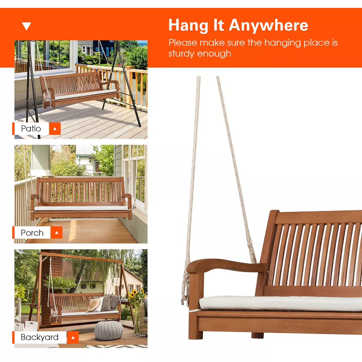 Costway 2-Person Hanging Porch Swing Wood Bench with Cushion Curved Back Outdoor Natural