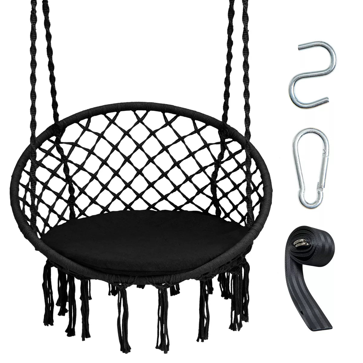 Costway Hanging Hammock Chair Macrame Swing Handwoven Cotton Backrest Garden Grey\ Black