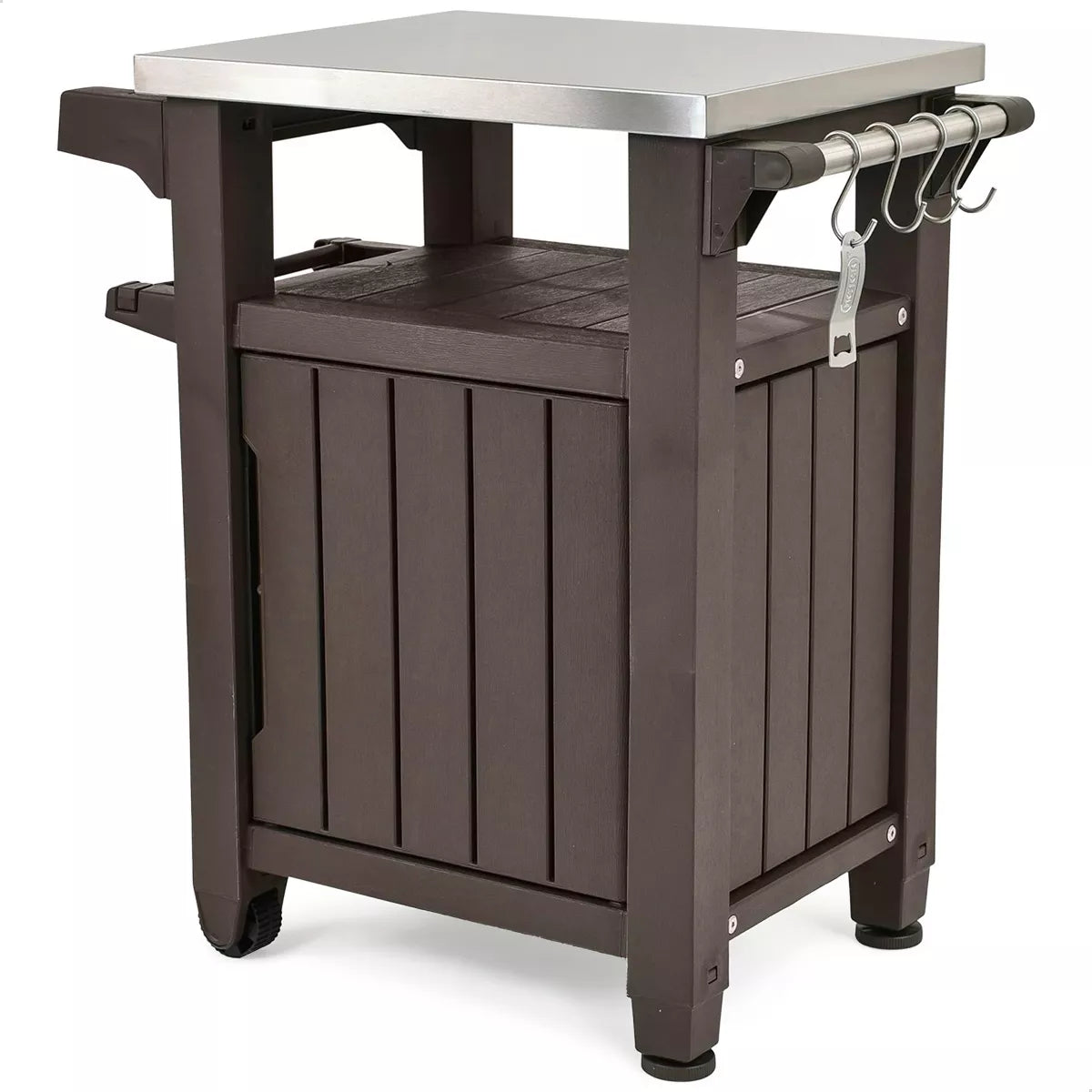 Keter Rolling Bar Cart, Outdoor Patio Furniture Table and Storage Cabinet, Serving & Grilling Bar Cart with Stainless Steel Top