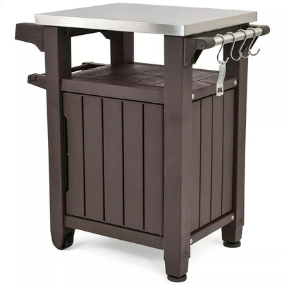 Keter Rolling Bar Cart, Outdoor Patio Furniture Table and Storage Cabinet, Serving & Grilling Bar Cart with Stainless Steel Top