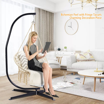 Costway Hanging Hammock Chair Macrame Swing Handwoven Cotton Backrest Garden Grey\ Black