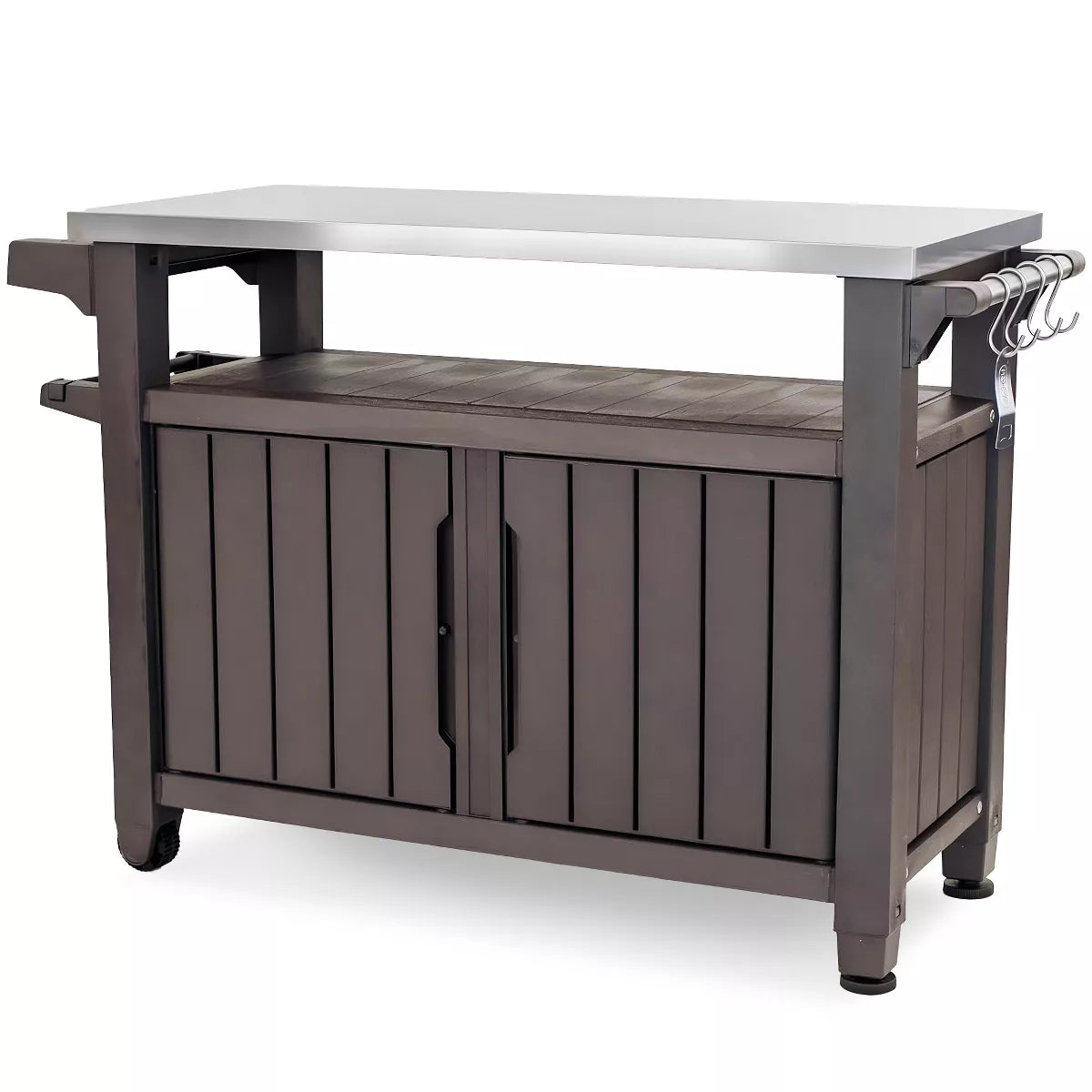 Keter Rolling Bar Cart, Outdoor Patio Furniture Table and Storage Cabinet, Serving & Grilling Bar Cart with Stainless Steel Top