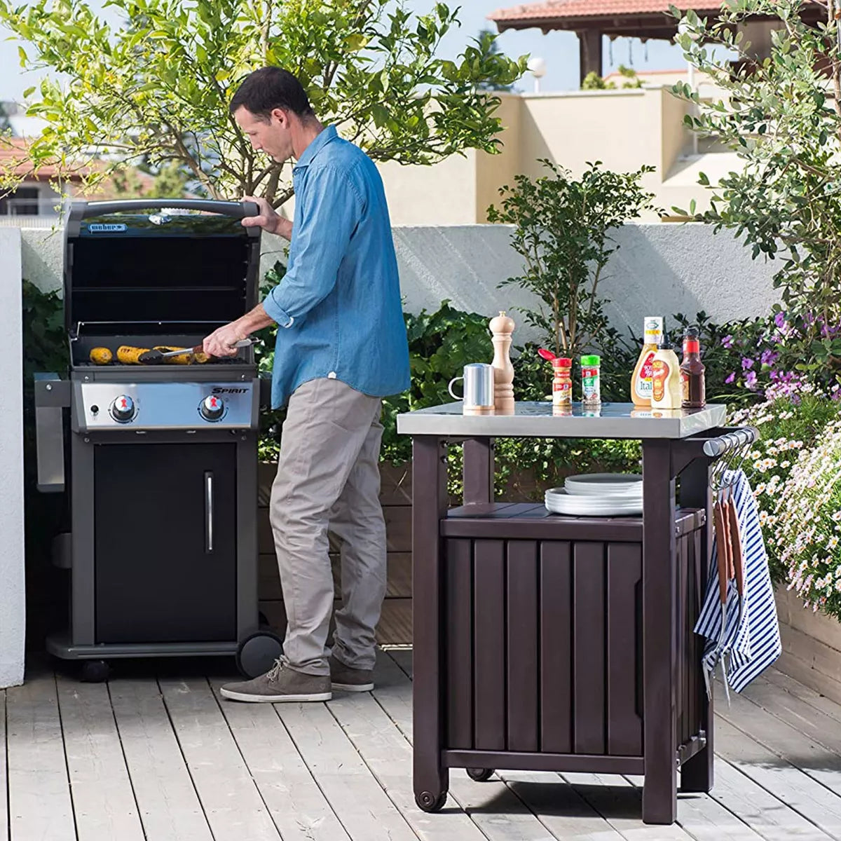 Keter Rolling Bar Cart, Outdoor Patio Furniture Table and Storage Cabinet, Serving & Grilling Bar Cart with Stainless Steel Top
