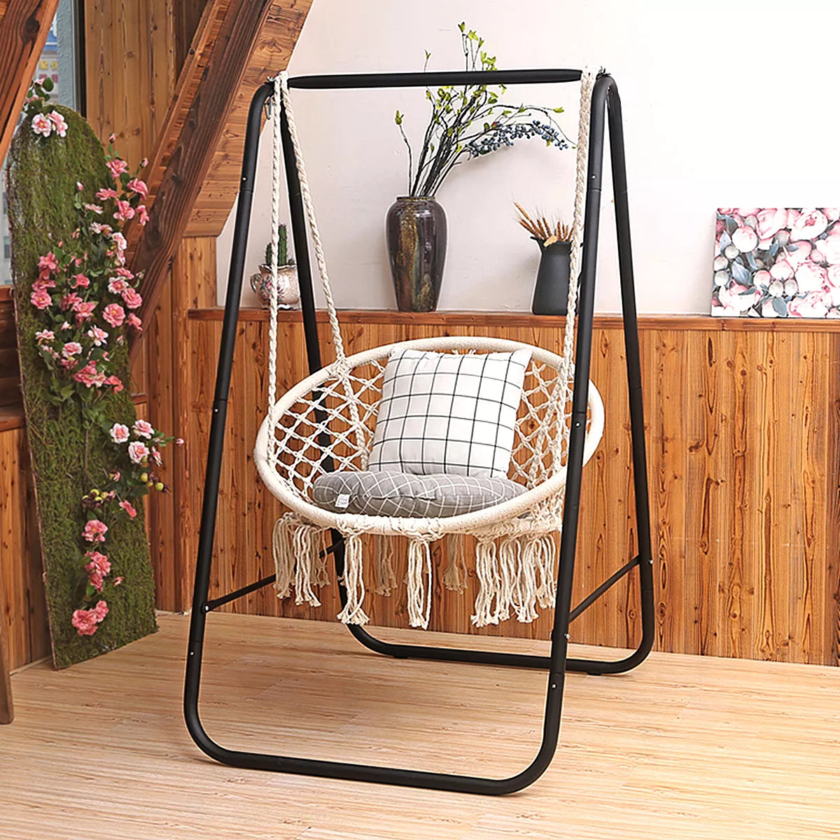 Costway Hanging Hammock Chair Macrame Swing Handwoven Cotton Backrest Garden Grey\ Black