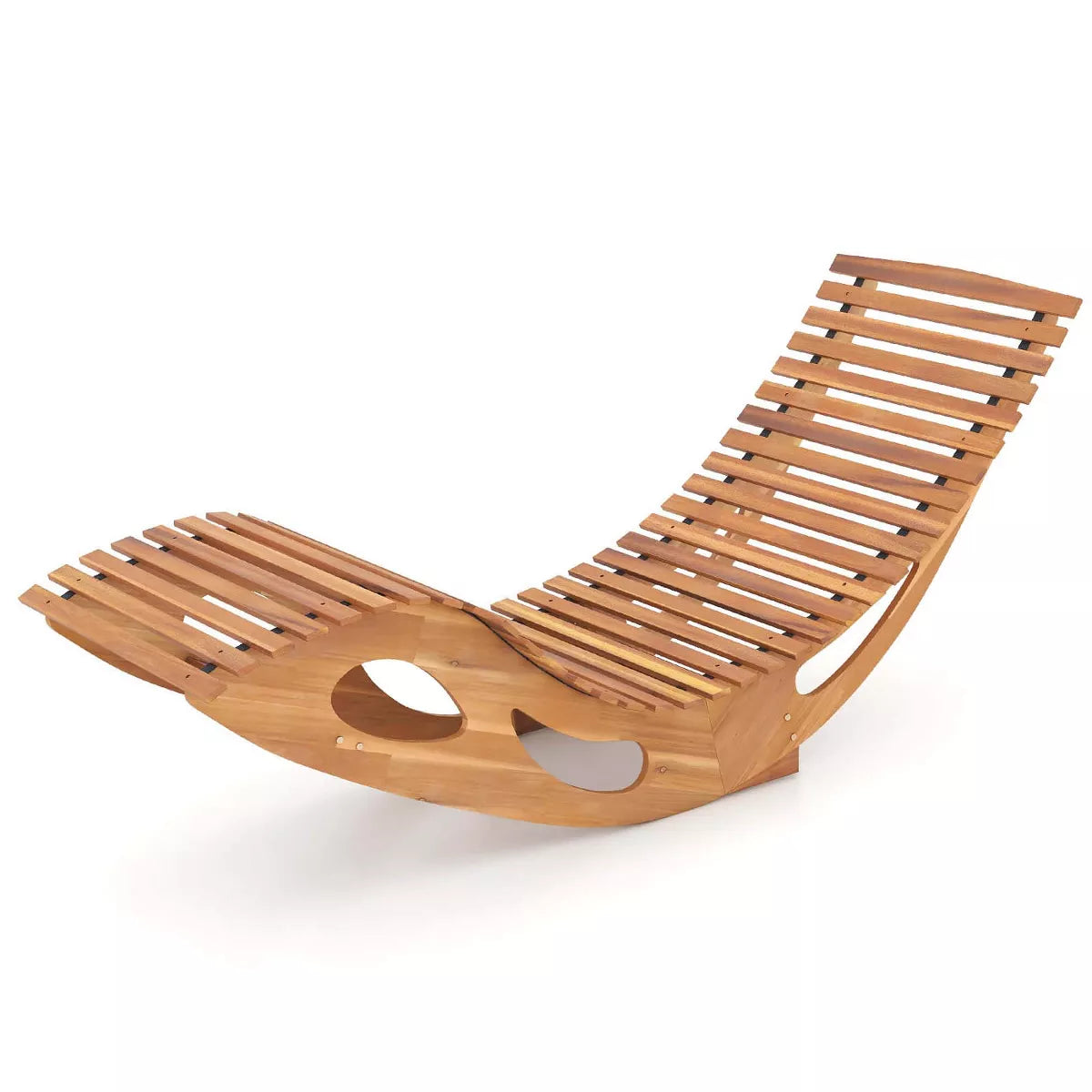 Costway Outdoor Chaise Lounge with High Back Slatted Seat Stopper outside Wood Rocker