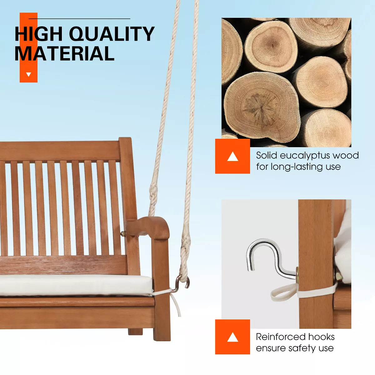 Costway 2-Person Hanging Porch Swing Wood Bench with Cushion Curved Back Outdoor Natural