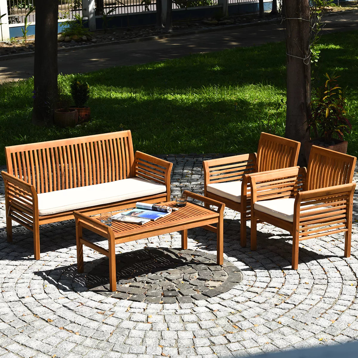 Costway 4 PCS Outdoor Acacia Wood Sofa Furniture Set Cushioned Chair Coffee Table Garden