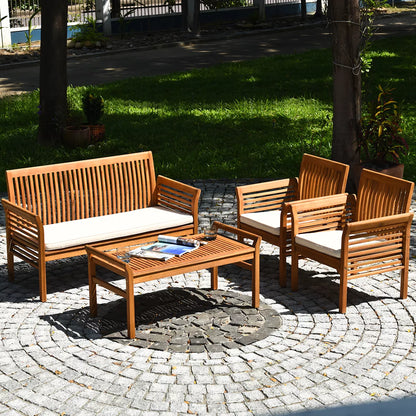 Costway 4 PCS Outdoor Acacia Wood Sofa Furniture Set Cushioned Chair Coffee Table Garden