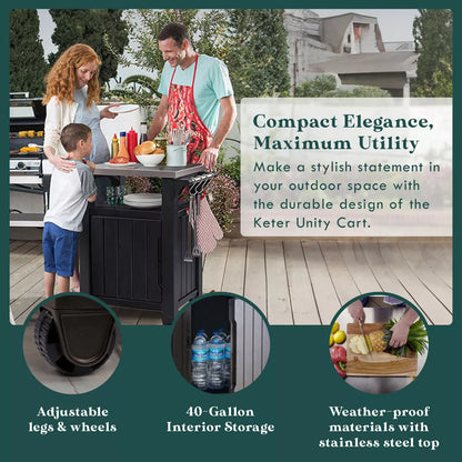 Keter Rolling Bar Cart, Outdoor Patio Furniture Table and Storage Cabinet, Serving & Grilling Bar Cart with Stainless Steel Top
