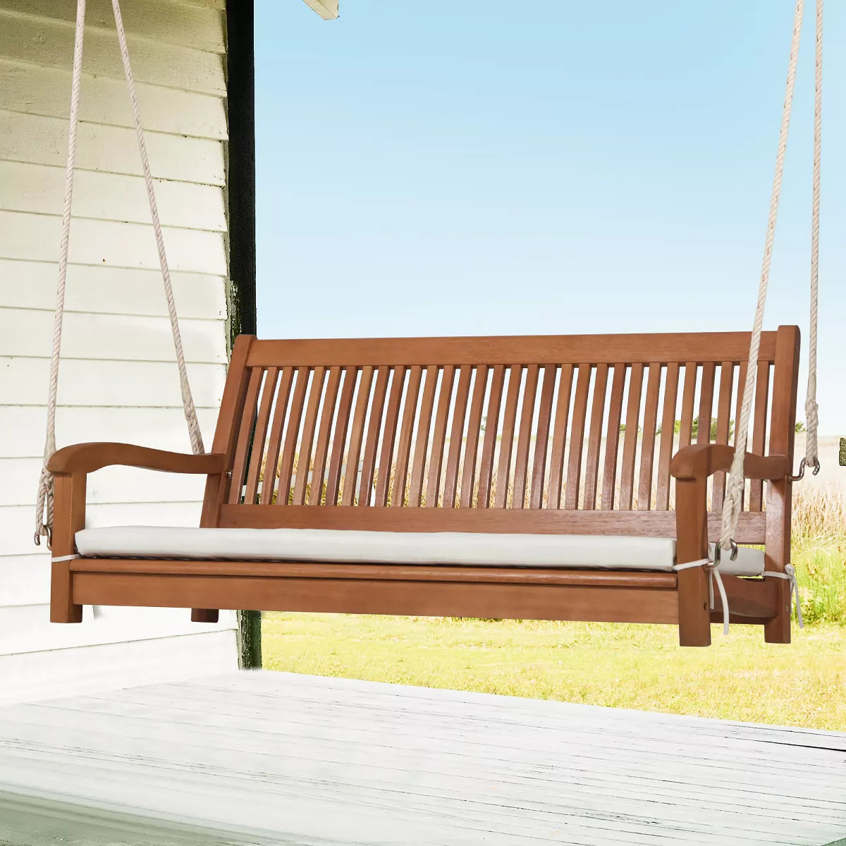 Costway 2-Person Hanging Porch Swing Wood Bench with Cushion Curved Back Outdoor Natural