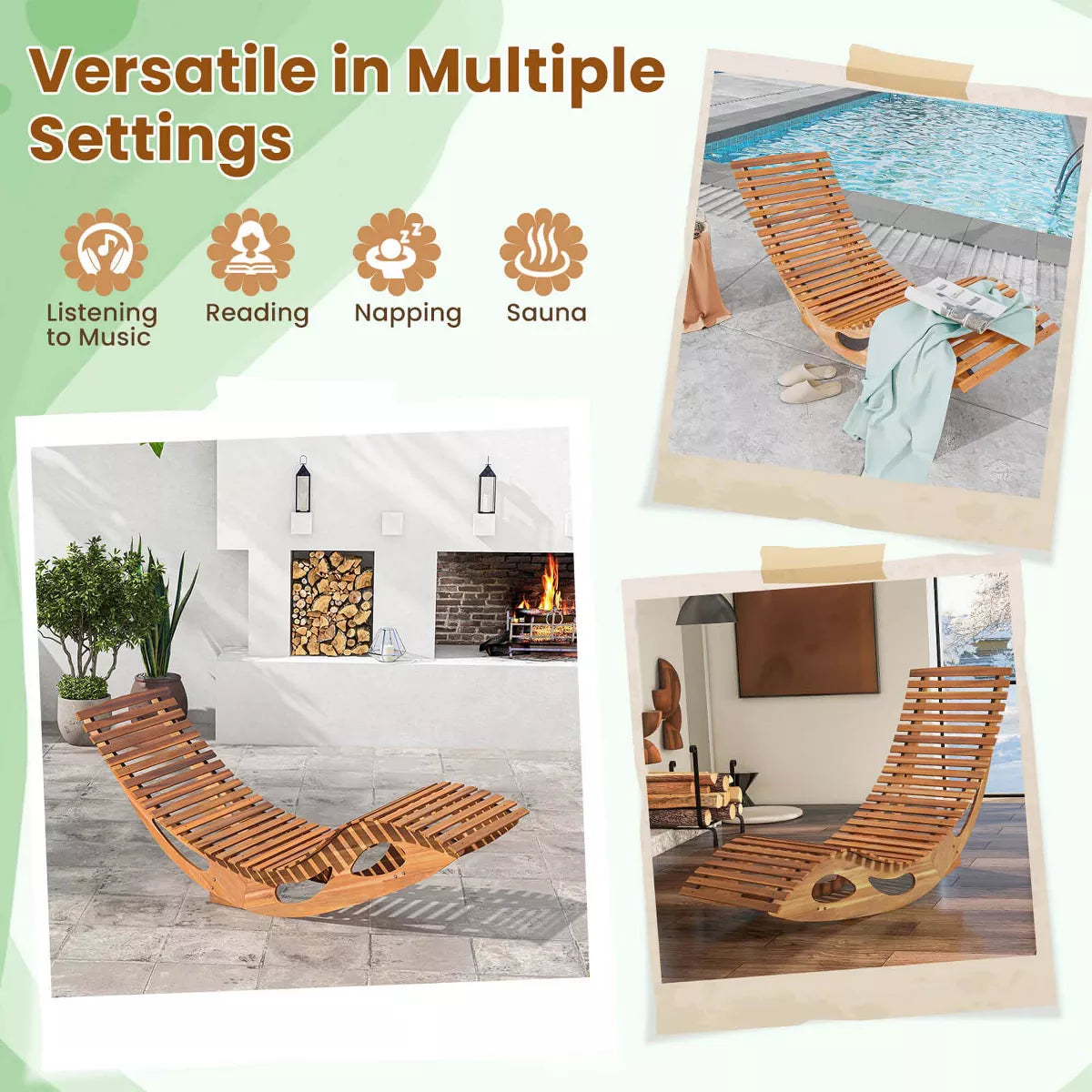 Costway Outdoor Chaise Lounge with High Back Slatted Seat Stopper outside Wood Rocker