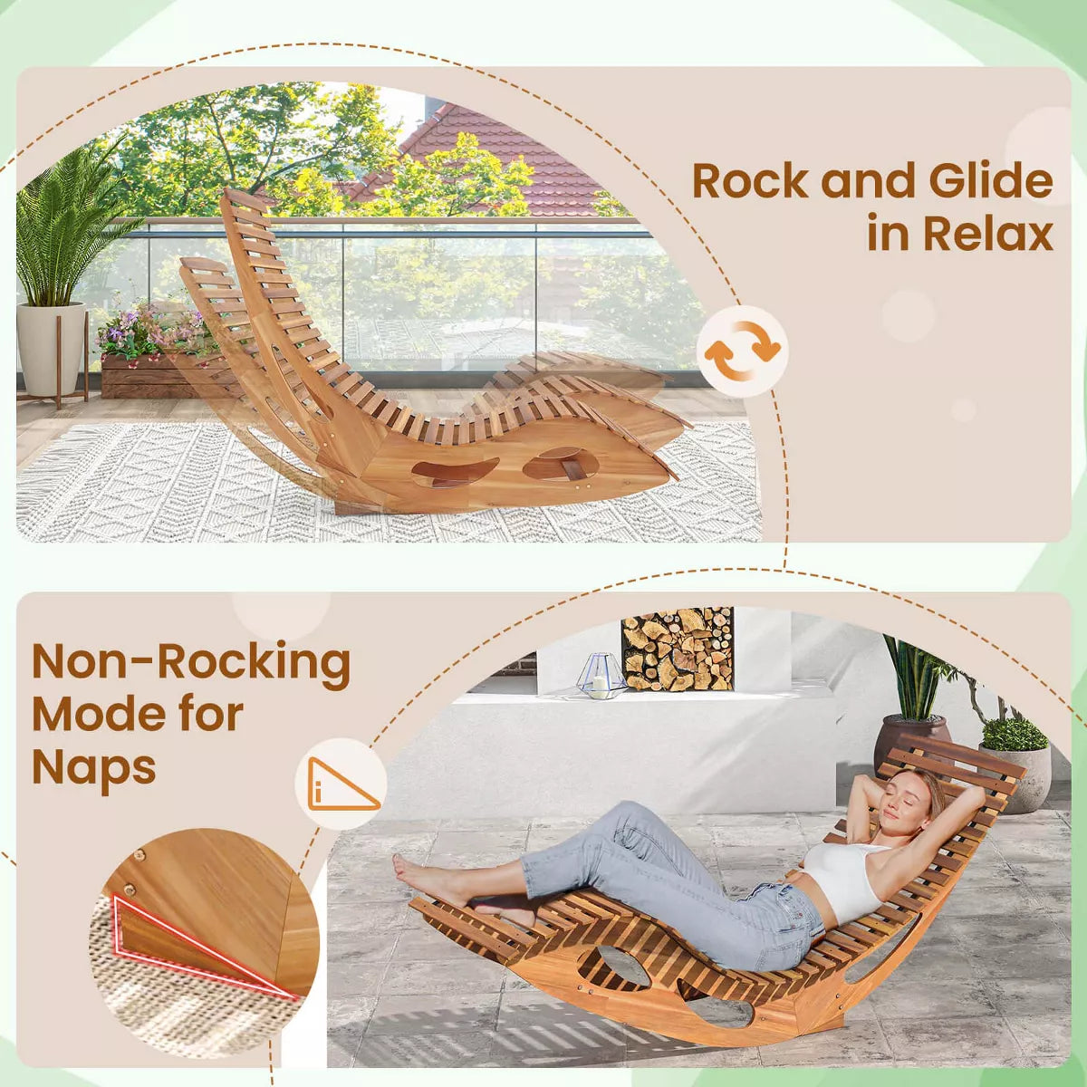 Costway Outdoor Chaise Lounge with High Back Slatted Seat Stopper outside Wood Rocker