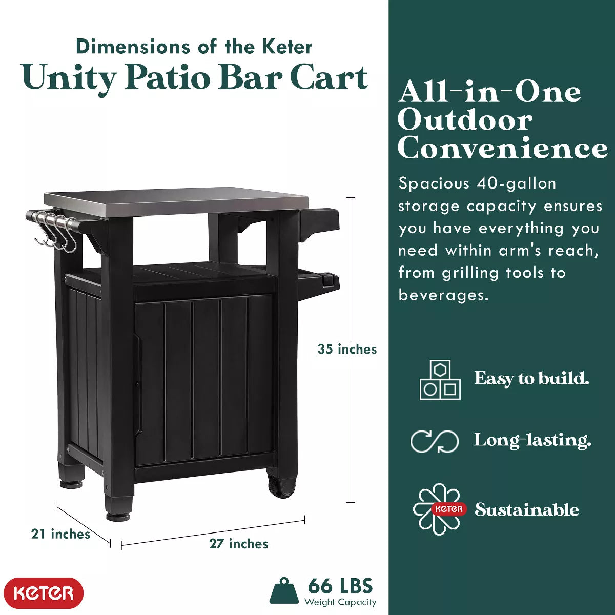 Keter Rolling Bar Cart, Outdoor Patio Furniture Table and Storage Cabinet, Serving & Grilling Bar Cart with Stainless Steel Top