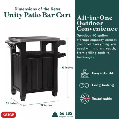 Keter Rolling Bar Cart, Outdoor Patio Furniture Table and Storage Cabinet, Serving & Grilling Bar Cart with Stainless Steel Top